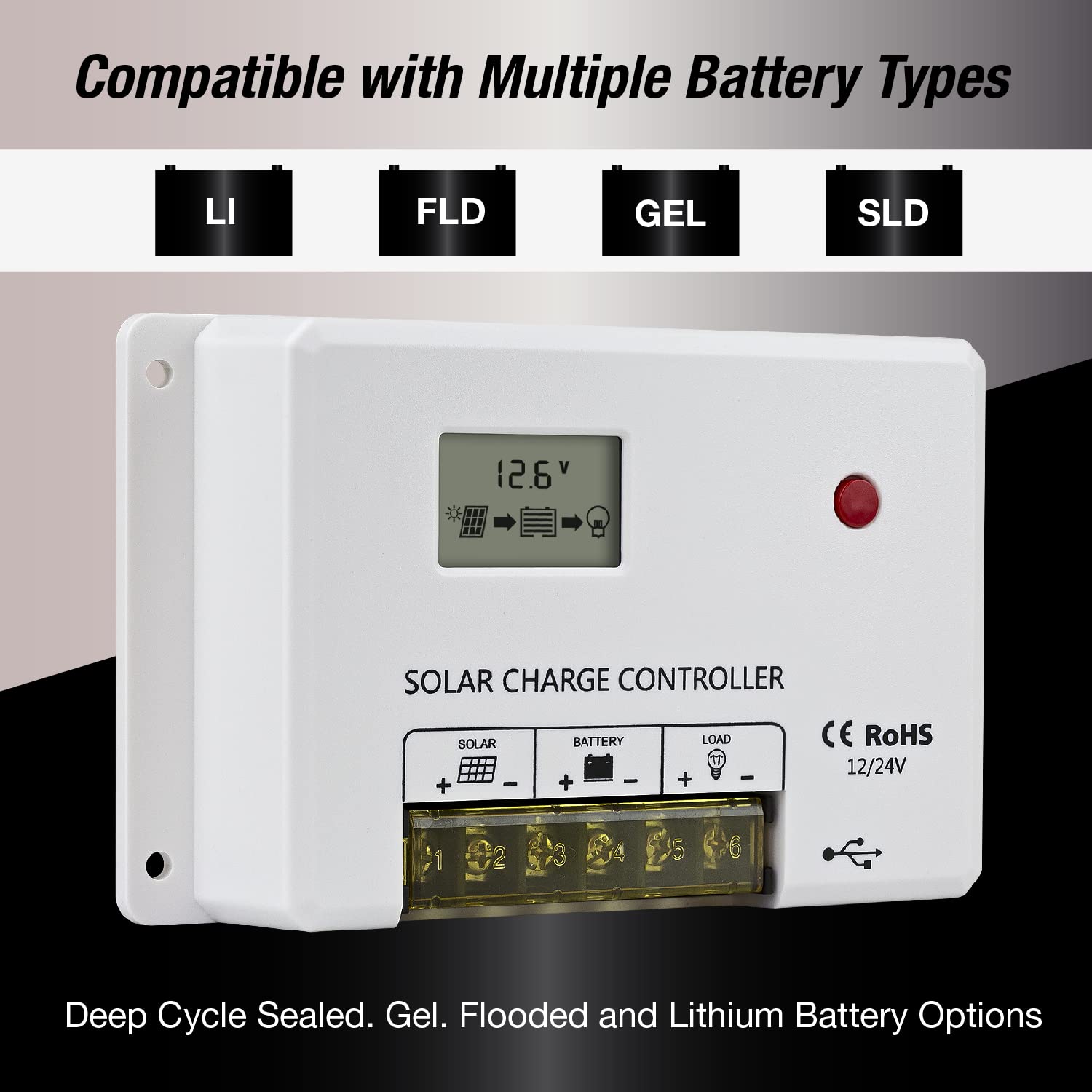 ExpertPower 10A 12/24V Intelligent PWM Solar Charge Controller with Adjustable Parameter LCD Display, Dual USB Ports, for AGM, Gel, LiFePO4