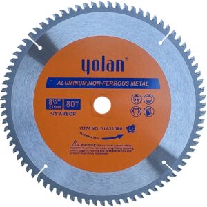 yolan 8-1/4-inch 80 teeth circular saw blade with 5/8-inch diamond knockout arbor, steel for cutting aluminum, non-ferrous metal table saw accessories,polished mitersaw blade silver