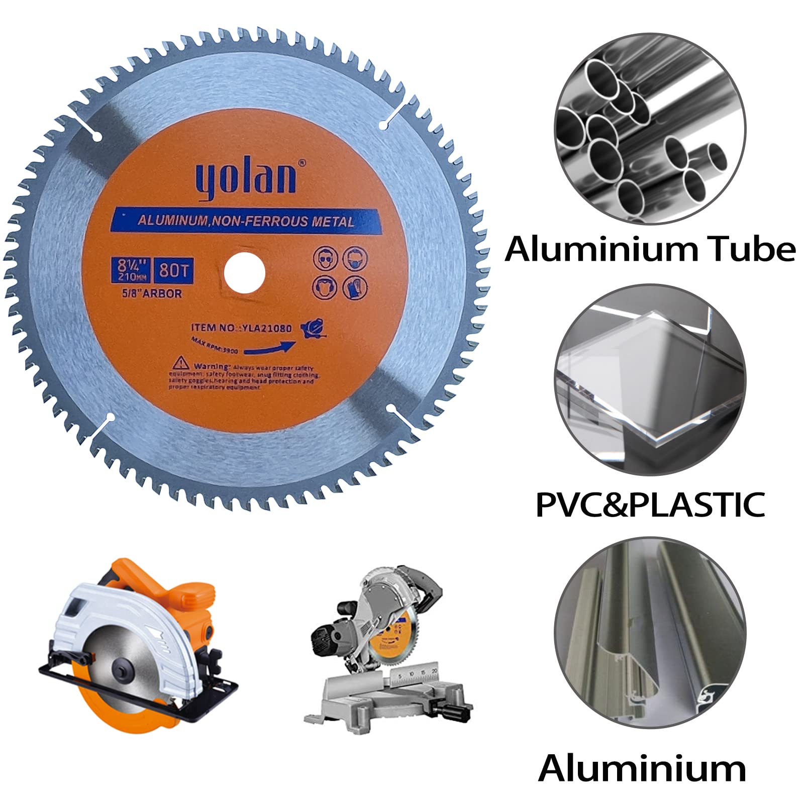 Yolan 8-1/4-Inch 80 Teeth Circular Saw Blade with 5/8-Inch Diamond Knockout Arbor, Steel for Cutting Aluminum, Non-Ferrous Metal Table Saw Accessories,Polished Mitersaw Blade Silver