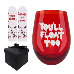 Valentines Day Gifts for Horror Lovers, Serial Killer Gifts, You'll Float Too Ruby Wine Glass and Horror Socks Gift Set, Horror Gifts for Men Women