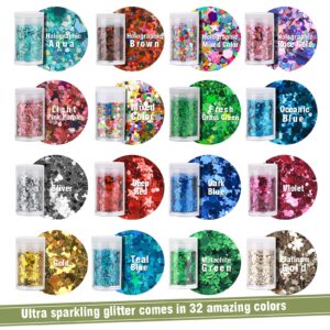 Teenitor Glitter, Chunky Glitter Mixed, Nail Glitter with Stars, Cosmetic Face Body Eye Hair Glitter, 32pcs