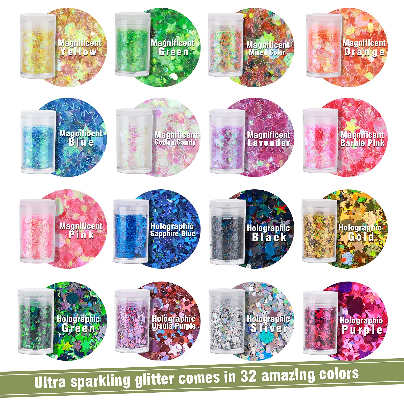 Teenitor Glitter, Chunky Glitter Mixed, Nail Glitter with Stars, Cosmetic Face Body Eye Hair Glitter, 32pcs