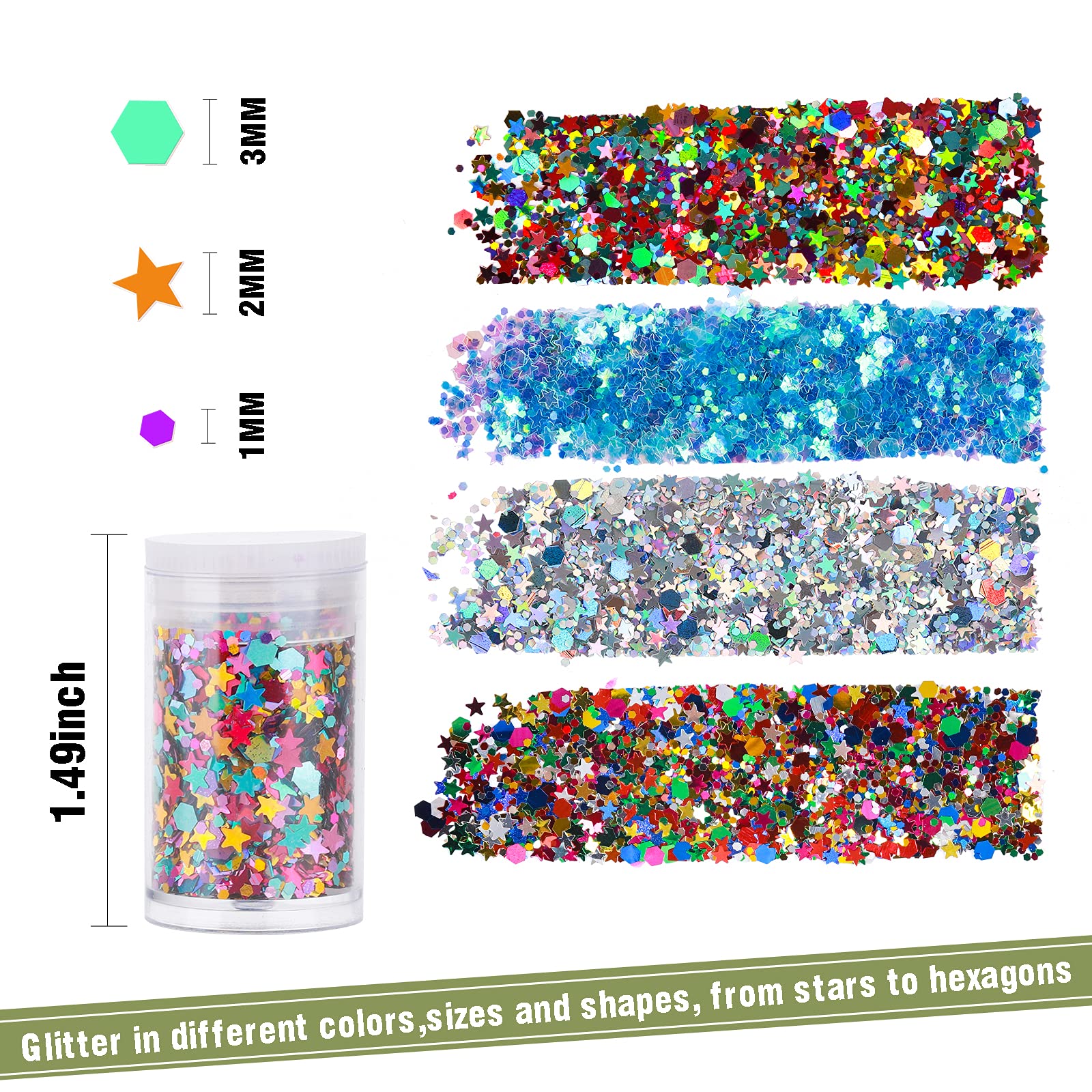 Teenitor Glitter, Chunky Glitter Mixed, Nail Glitter with Stars, Cosmetic Face Body Eye Hair Glitter, 32pcs