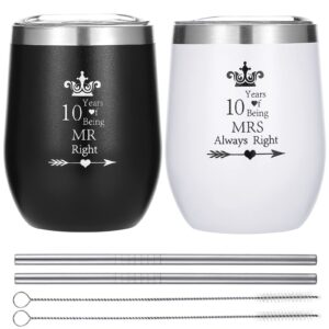 hlikem pack of 2 wine tumbler 10 years mr right mrs always right 10th wedding engagement anniversary cups for couple parents stainless steel insulated wine glass with straws and brush