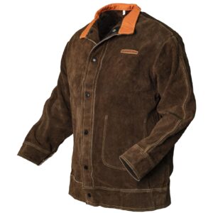 yeswelder leather welding jacket，heavy duty welding coat，heat flame resistant welding apron with sleeves，weld clothes for men women,large