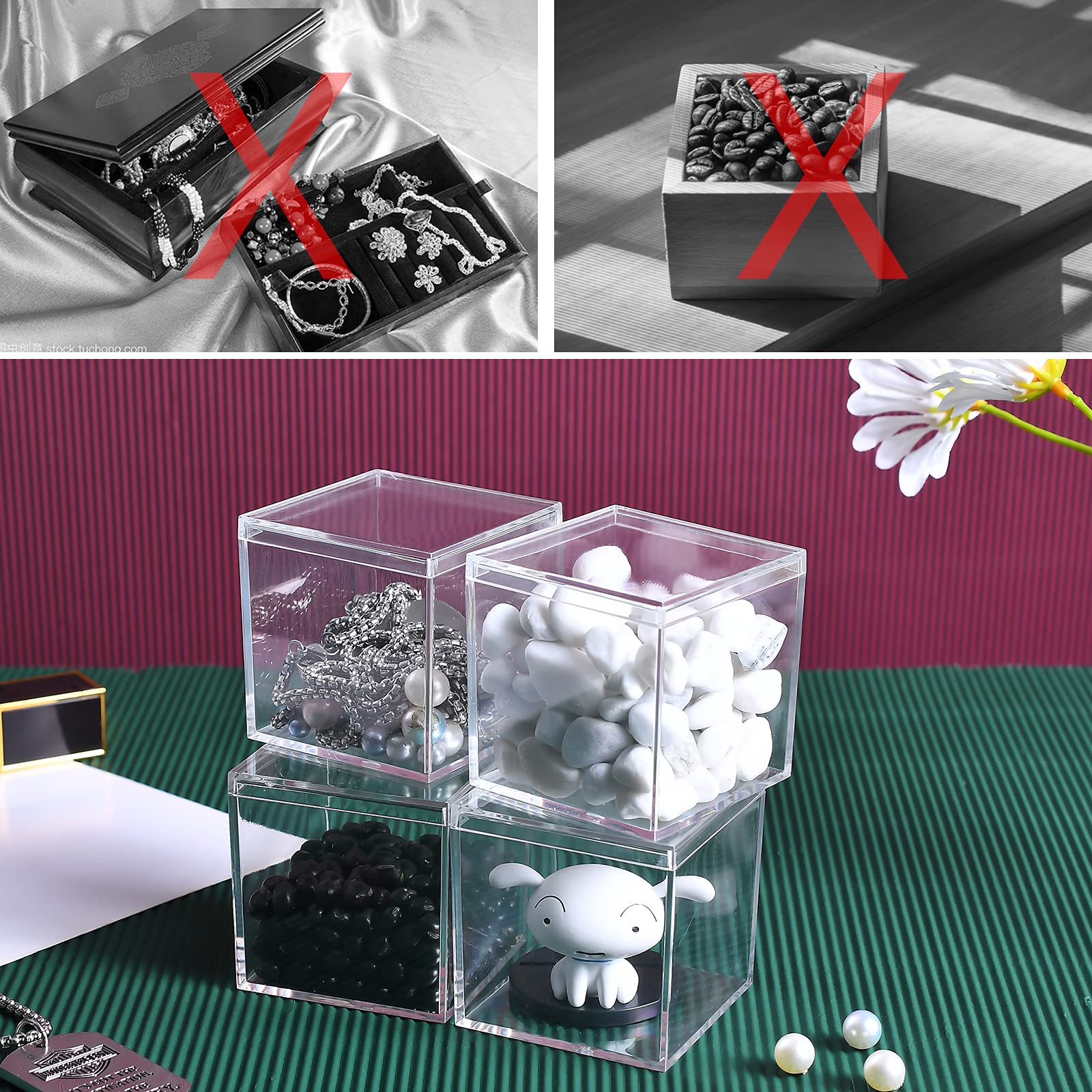 Dayaanee Acrylic Box with Lid, 4 Pack Small Square Acrylic Container Plastic Square Cube Containers with Lid Storage Box 2.2x2.2x2.2Inch/55X55X55mm for Candy Pill and Tiny Jewelry