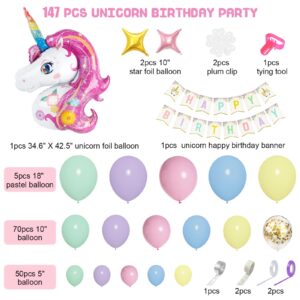 Unicorn Balloons Arch Garland Kit, 146Pcs Rainbow 40" Unicorn Balloon Pastel Pink Purple Blue Confetti Balloons Happy Birthday Banner for Ice Cream Baby Shower Unicorn Birthday Party Decorations