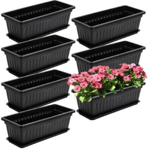 Fasmov 7 Pack 17 Inches Flower Window Box Plastic Vegetable Planters with Trays Vegetables Growing Container Garden Flower Plant Pot with 7 Pcs Plant Labels for Balcony, Patio, Garden, Black