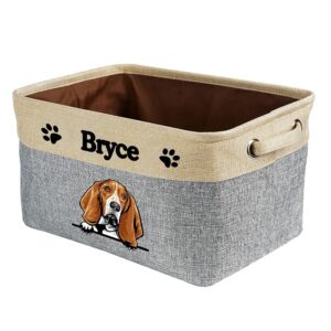 MALIHONG Personalized Foldable Storage Basket with Cute Dog Basset Hound Collapsible Sturdy Fabric Pet Toys Storage Bin Cube with Handles for Organizing Shelf Home Closet, Grey and White