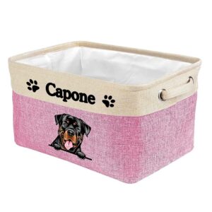 malihong personalized foldable storage basket with cute dog rottweiler collapsible sturdy fabric pet toys storage bin cube with handles for organizing shelf home closet, pink and white