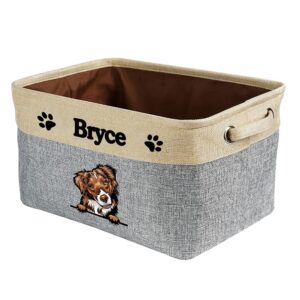 malihong custom foldable storage basket with cute dog australian shepherd collapsible sturdy fabric pet toys storage bin cube with handles for organizing shelf home closet, grey and white