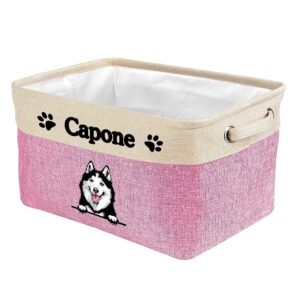 malihong personalized foldable storage basket with cute dog siberian husky collapsible sturdy fabric pet toys storage bin cube with handles for organizing shelf home closet, pink and white