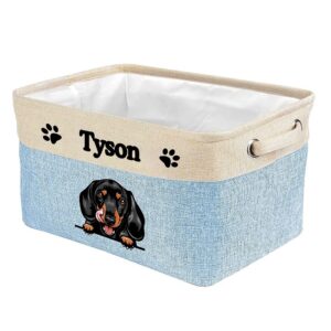 malihong personalized foldable storage basket with cute dog dachshund collapsible sturdy fabric pet toys storage bin cube with handles for organizing shelf home closet, blue amd white