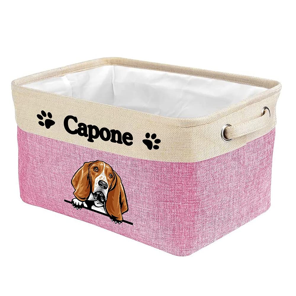 MALIHONG Personalized Foldable Storage Basket with Cute Dog Basset Hound Collapsible Sturdy Fabric Pet Toys Storage Bin Cube with Handles for Organizing Shelf Home Closet, Pink and White