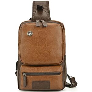 men's sling bag crossbody backpack shoulder bag vintage pu leather sling backpack for cycling usb charger (brown)