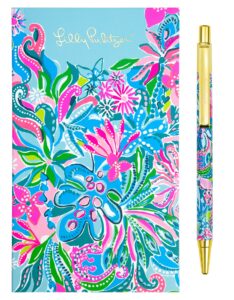 lilly pulitzer on the go agenda set, undated monthly pocket planner with black ink pen, 12 month annual organizer with notes pages, monthly calendars, and yearly overviews, golden hour