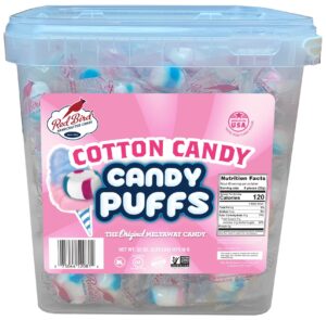 red bird soft cotton candy puffs 52 oz tub, mints individually wrapped, gluten free, kosher, free from top 8 allergens, made with 100% pure cane sugar