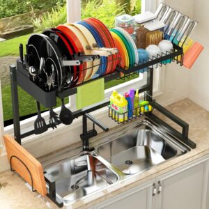 adbiu 2024 over the sink dish drying rack (adjustable height/length) snap-on design 2 tier large dish drainer kitchen organization and storage 24" - 35.6"(l) x 12"(w) x 19" - 22"(h)