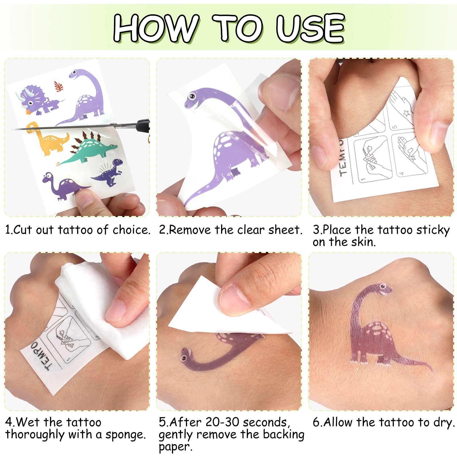 GLOW IN THE DARK: Easy to use: Choose your favorite dinosaur, tear it off, wet the fake tattoo with water, wait 20-30 seconds, and finally gently tear off the white surface. You will get a glowing