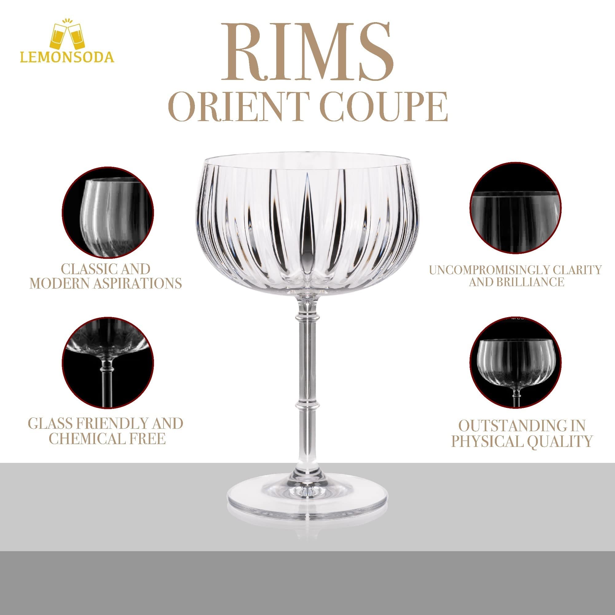 LEMONSODA Rims Orient-Coupe Cocktail Glasses - Quality Crystal Glass - Lead-free, Crystal Clear, Elegant Design, Luxury Cocktail Glass - Extra Durable - Set of 2 (Coupe)