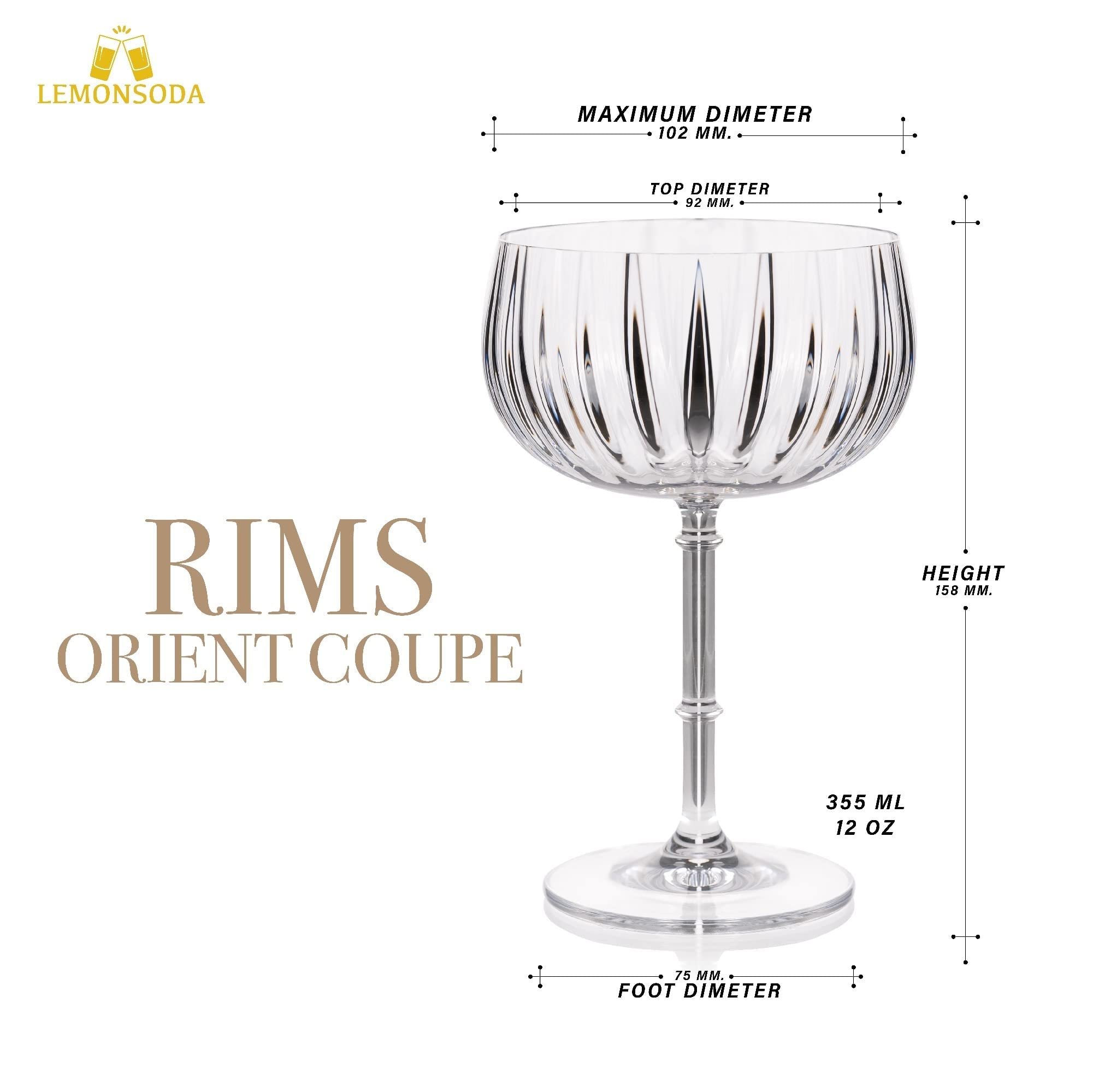 LEMONSODA Rims Orient-Coupe Cocktail Glasses - Quality Crystal Glass - Lead-free, Crystal Clear, Elegant Design, Luxury Cocktail Glass - Extra Durable - Set of 2 (Coupe)