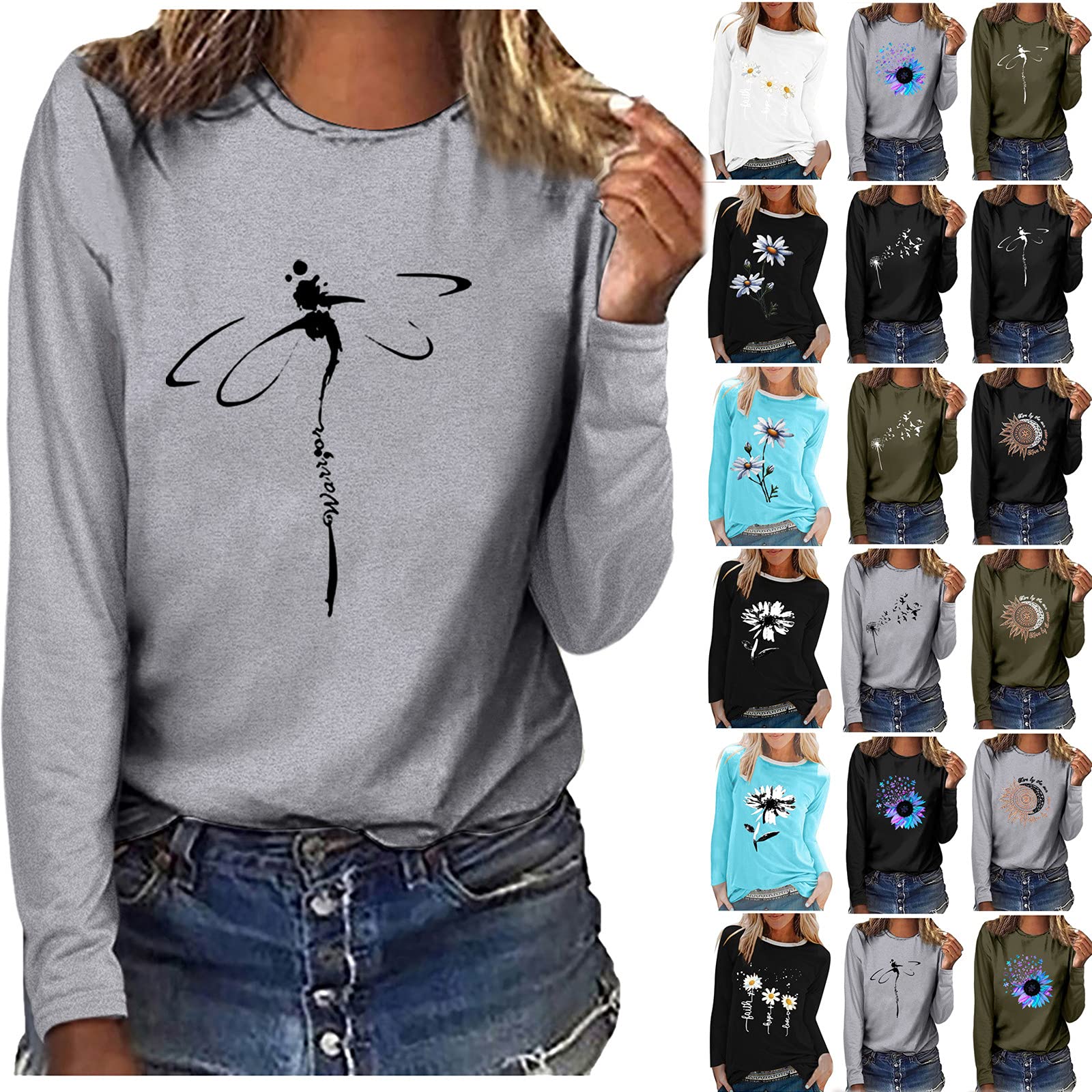 YSLMNOR Womens Long Sleeve Tops Dragonfly Printing T-Shirts Basic Round Neck Pullover Fall Blouse Casual Shirts Black