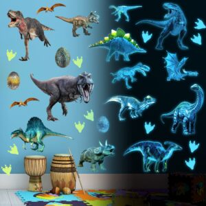 dinosaurs wall decals glow in the dark dinosaur wall stickers removable tyrannosaurus wall decor dinosaur eggs and paw print wall mural for kids nursery living room bedroom classroom home decoration