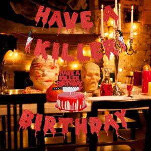 Have a Killer Birthday Banner and Have A Killer Birthday Cake Topper, Halloween Horror Vampire Birthday Banner for Halloween Have A Killer Birthday Decorations