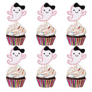 ghost cupcake toppers pink glitter, halloween ghost baby shower cupcake toppers ghost food cupcake picks for pink halloween baby shower birthday party cake supplies - 24pcs