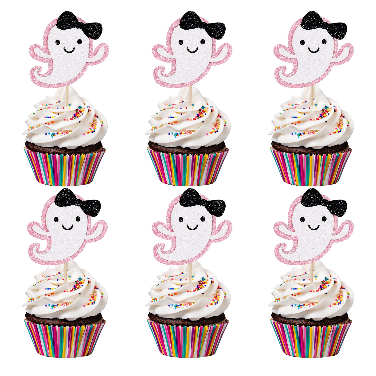 Ghost Cupcake Toppers Pink Glitter, Halloween Ghost Baby Shower Cupcake Toppers Ghost Food Cupcake Picks for Pink Halloween Baby Shower Birthday Party Cake Supplies - 24Pcs