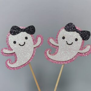 Ghost Cupcake Toppers Pink Glitter, Halloween Ghost Baby Shower Cupcake Toppers Ghost Food Cupcake Picks for Pink Halloween Baby Shower Birthday Party Cake Supplies - 24Pcs