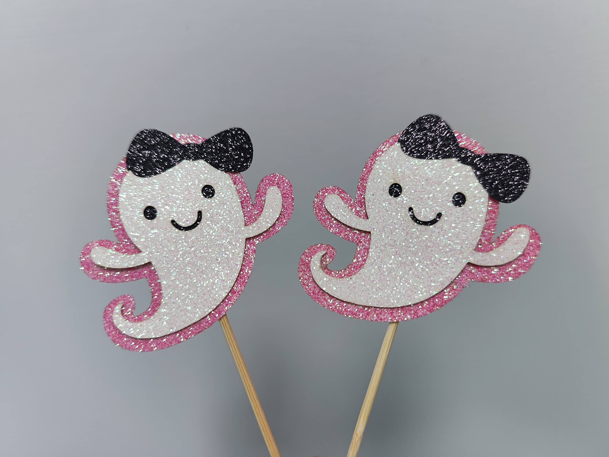 Ghost Cupcake Toppers Pink Glitter, Halloween Ghost Baby Shower Cupcake Toppers Ghost Food Cupcake Picks for Pink Halloween Baby Shower Birthday Party Cake Supplies - 24Pcs