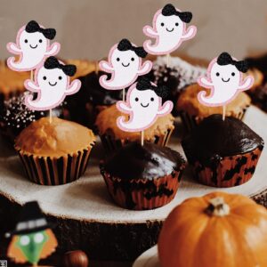 Ghost Cupcake Toppers Pink Glitter, Halloween Ghost Baby Shower Cupcake Toppers Ghost Food Cupcake Picks for Pink Halloween Baby Shower Birthday Party Cake Supplies - 24Pcs