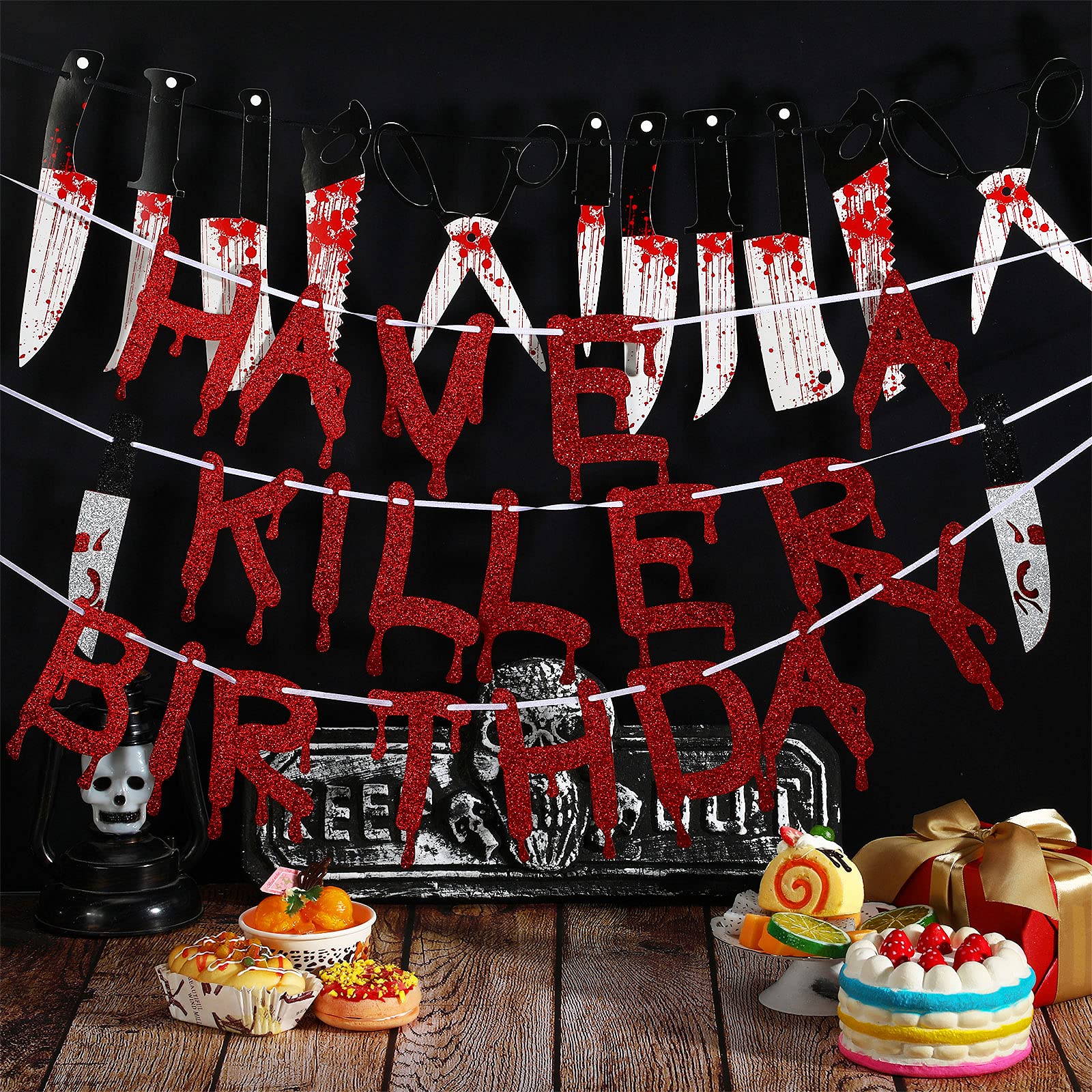 4 Pieces Halloween Vampire Party Decorations Supplies Have A Killer Birthday Banner Halloween Knife Hanging Banner for Halloween Horror Themed Birthday Decorations