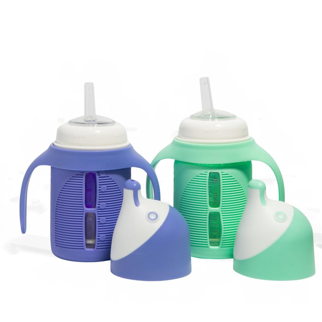 The Minis - Set of 2 - Glass Sippy Cup for Toddlers - 5oz | Spill-Proof | Silicone Straw | Mint Green & Indigo Purple | Liquids Never Touch Plastic