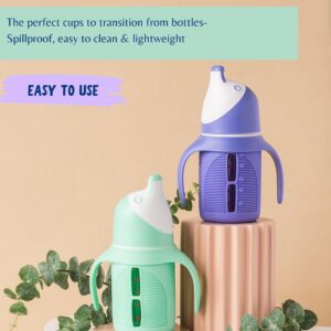 The Minis - Set of 2 - Glass Sippy Cup for Toddlers - 5oz | Spill-Proof | Silicone Straw | Mint Green & Indigo Purple | Liquids Never Touch Plastic