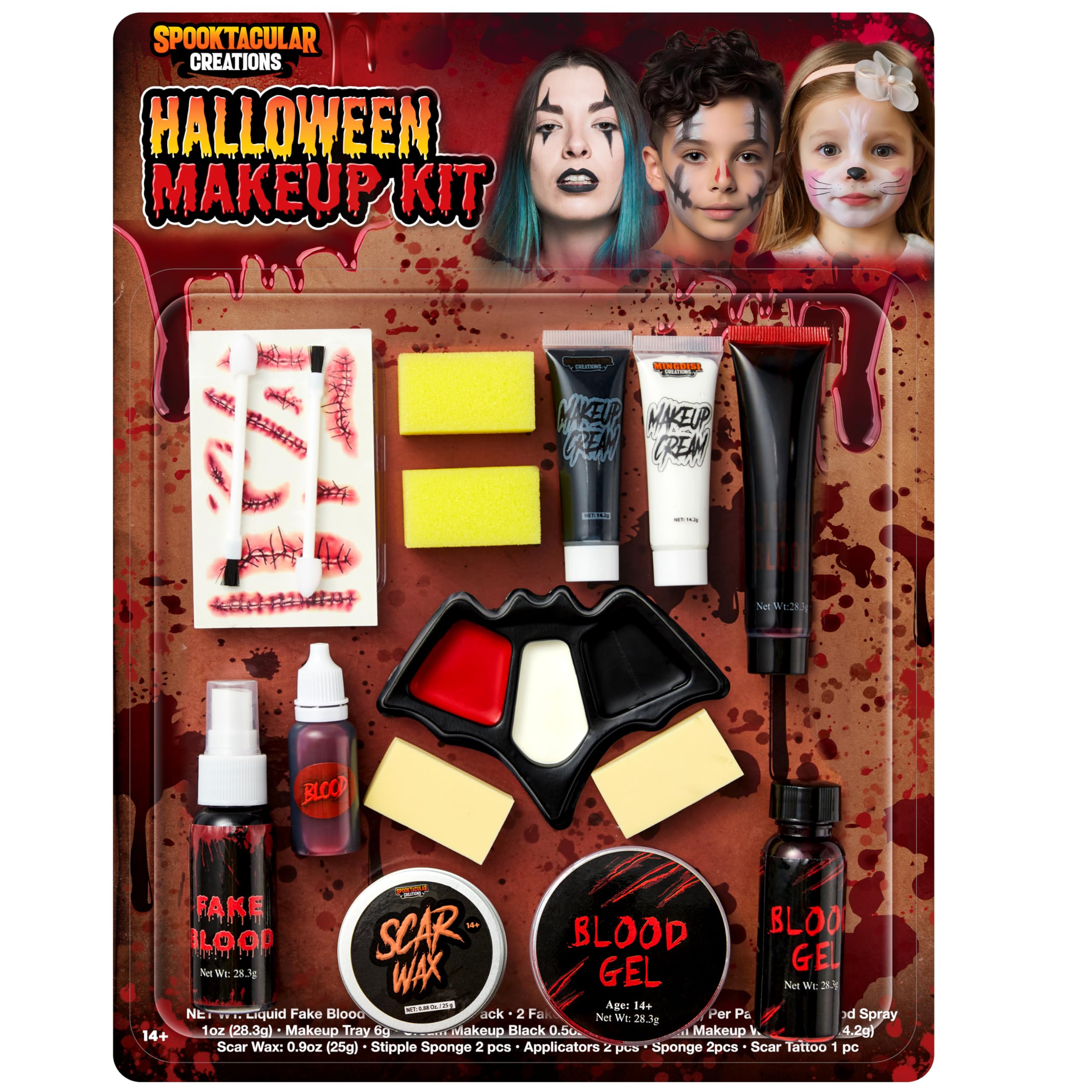 Spooktacular Creations 16 Pcs Halloween Family Makeup Kit Face Body Paint with Liquid Blood Gel, Fake Blood and More Easy On & Easy Off Makeup Set for Cosplay Halloween Party Supplies