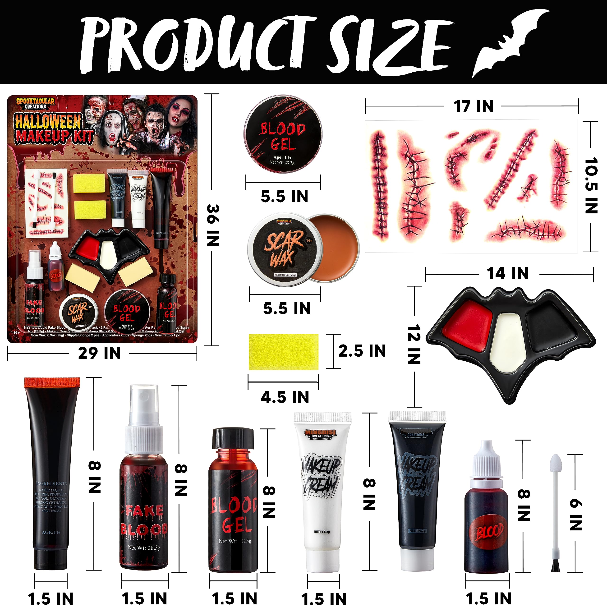 Spooktacular Creations 16 Pcs Halloween Family Makeup Kit Face Body Paint with Liquid Blood Gel, Fake Blood and More Easy On & Easy Off Makeup Set for Cosplay Halloween Party Supplies