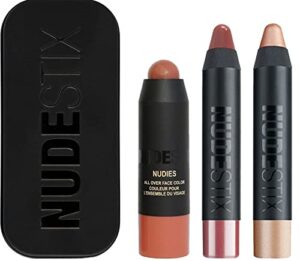 nudestix sunkissed nudes mini kit set with all over face bronze color in sunkissed, magnetic luminous eye color in nudity, and gel color lip + cheek balm in posh with tin