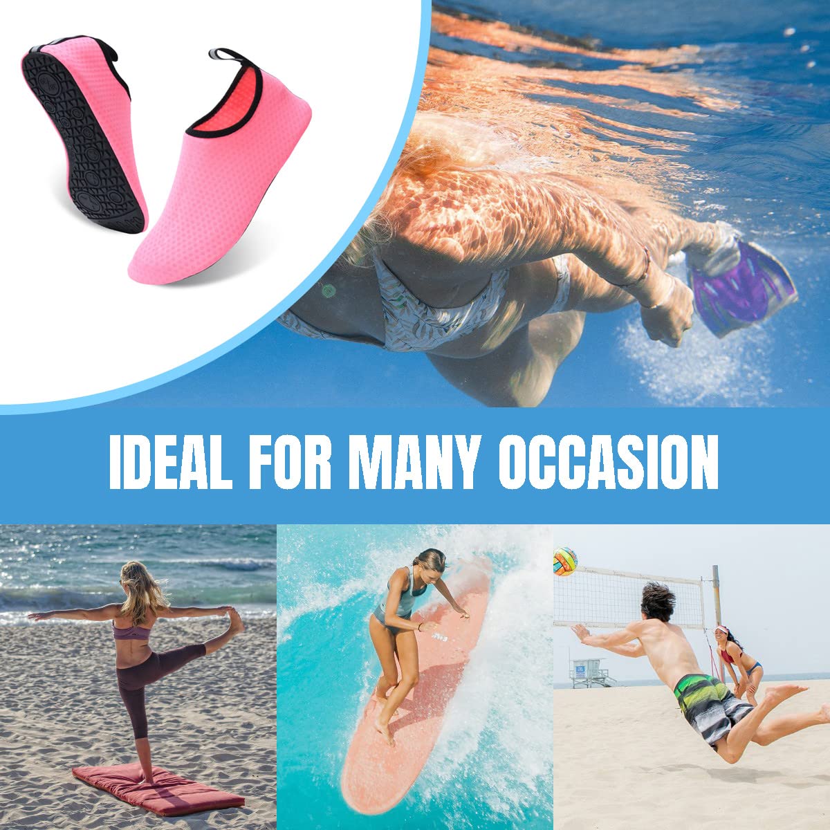 AUXDIQ Water Shoes Outdoor Quick Dry Unisex Sports Aqua Shoes for Beach Diving Snorkeling Surfing Mens Womens Pink 3.5/4