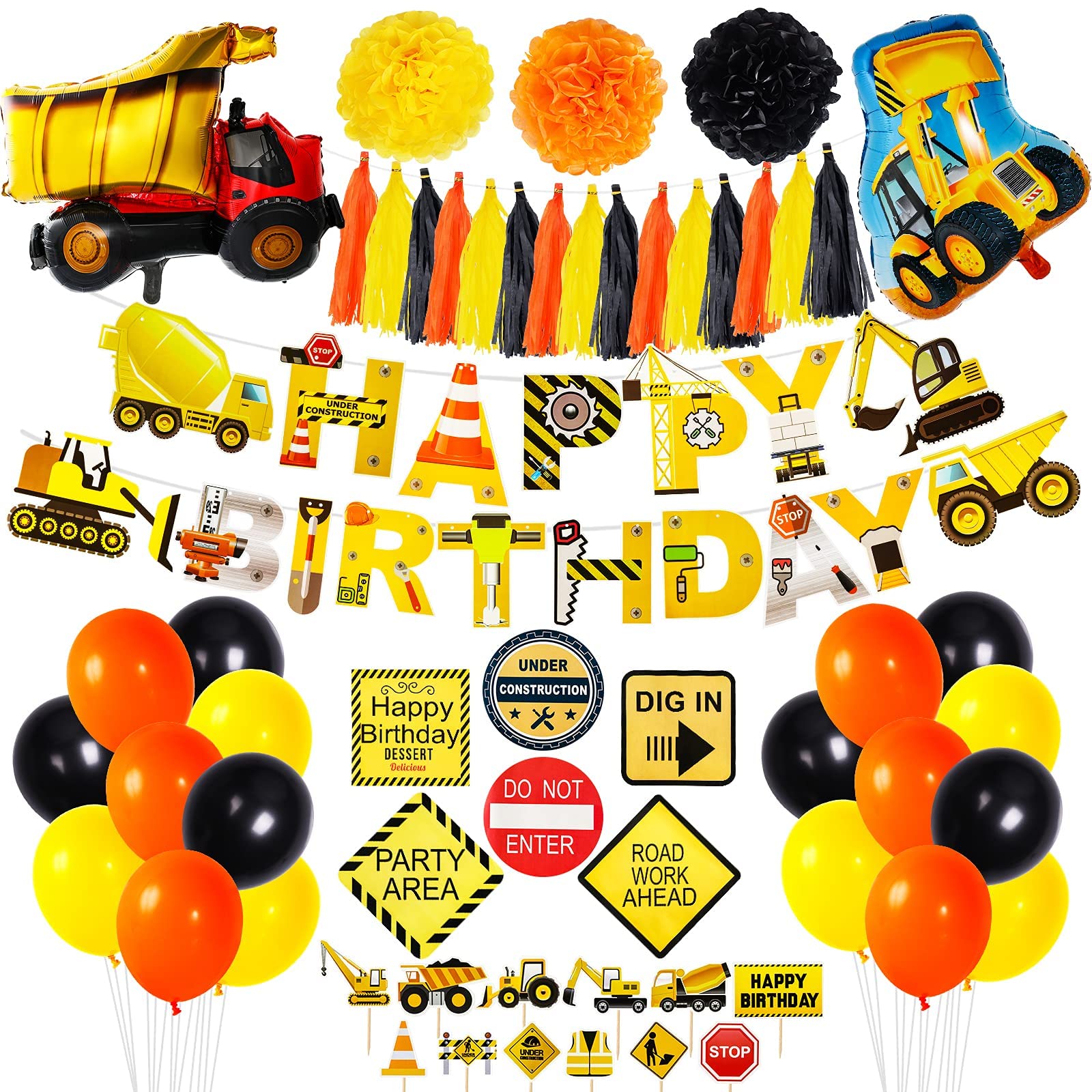 Garma Birthday Party Decorations for Kids, Construction Birthday Party Supplies with Excavator Foil Balloons,Construction Signs,Cupcake Toppers, Banners for Construction Birthday Party Decorations Kit