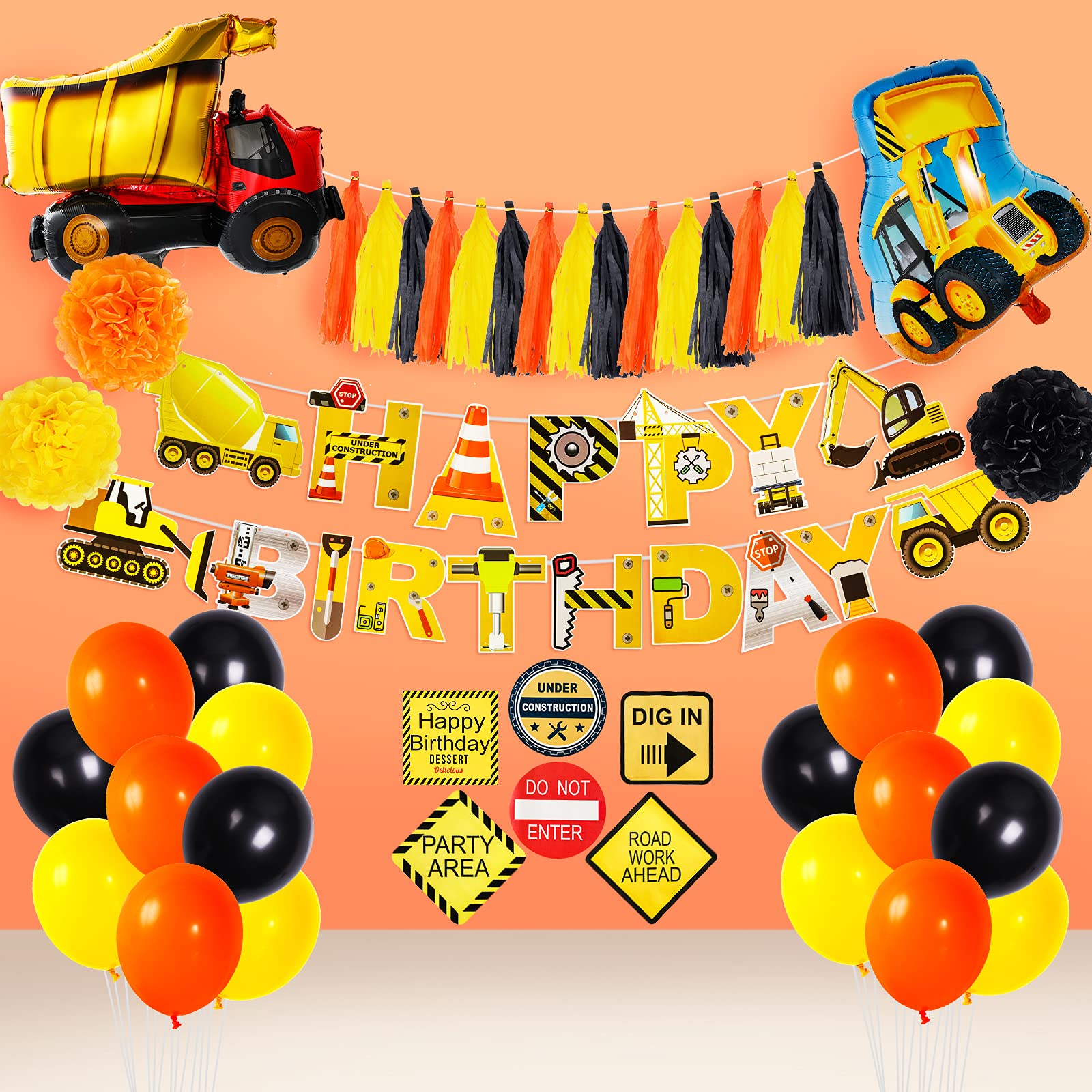 Garma Birthday Party Decorations for Kids, Construction Birthday Party Supplies with Excavator Foil Balloons,Construction Signs,Cupcake Toppers, Banners for Construction Birthday Party Decorations Kit