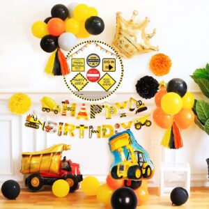 Garma Birthday Party Decorations for Kids, Construction Birthday Party Supplies with Excavator Foil Balloons,Construction Signs,Cupcake Toppers, Banners for Construction Birthday Party Decorations Kit