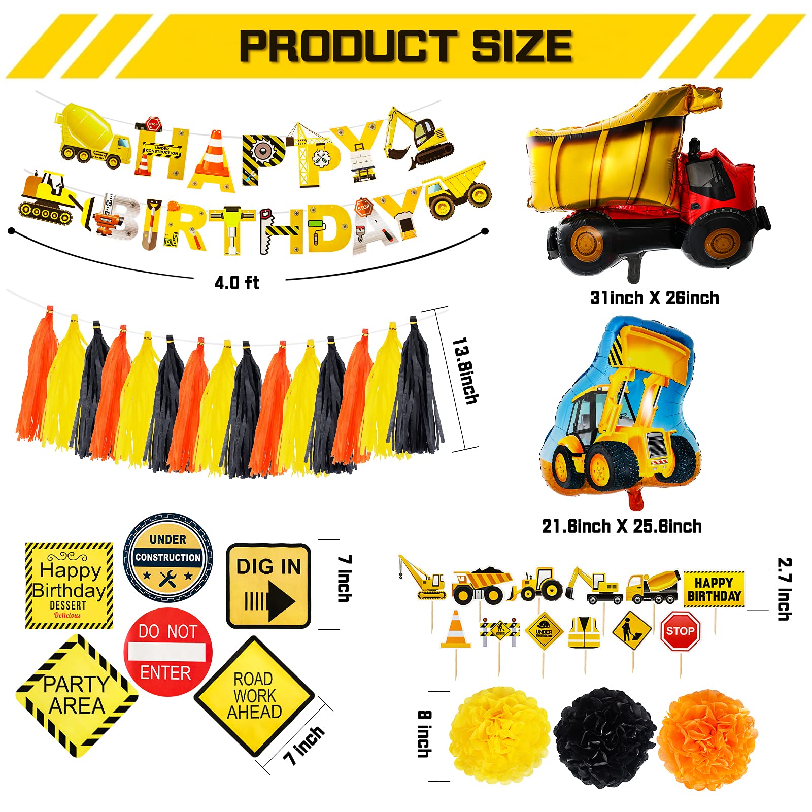 Garma Birthday Party Decorations for Kids, Construction Birthday Party Supplies with Excavator Foil Balloons,Construction Signs,Cupcake Toppers, Banners for Construction Birthday Party Decorations Kit