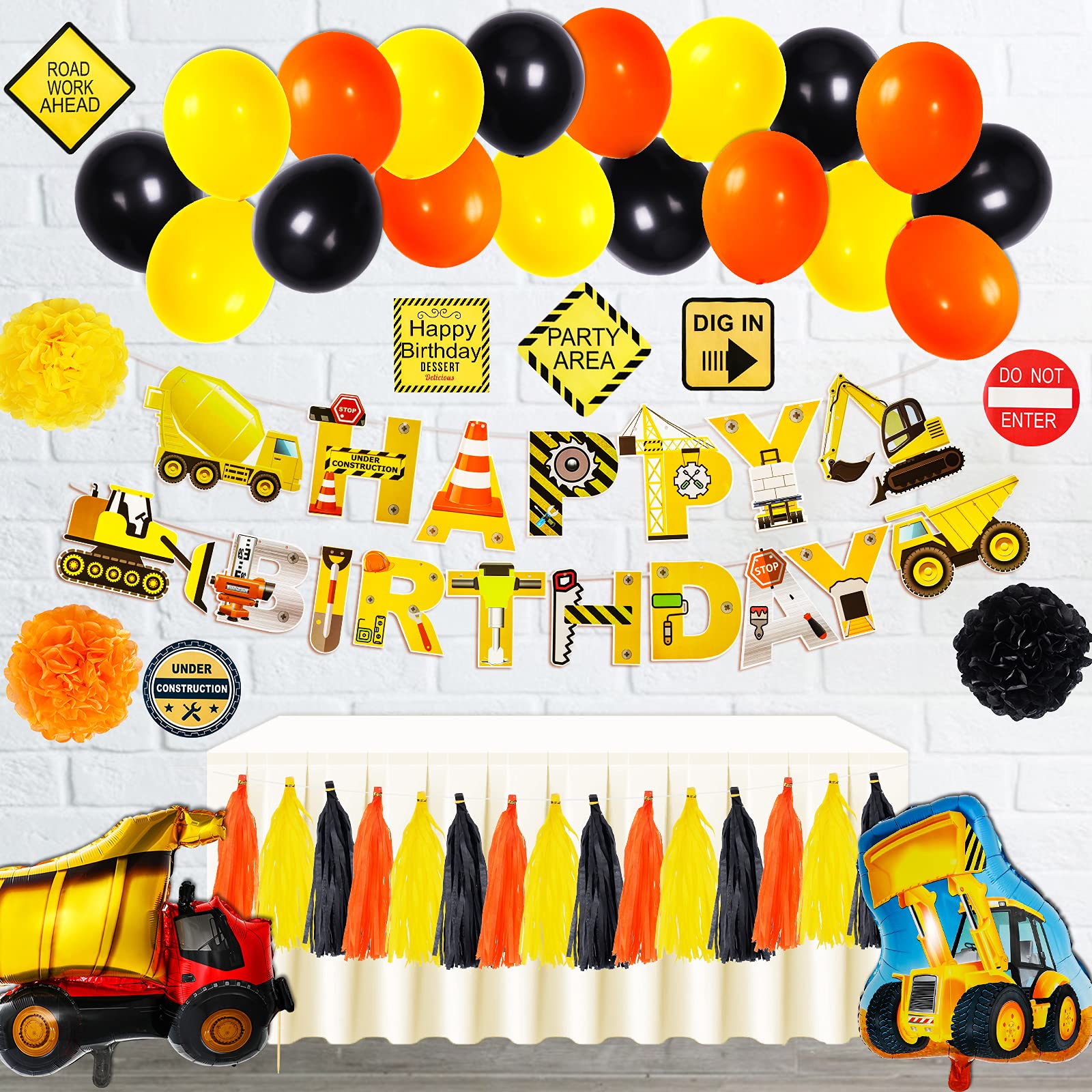 Garma Birthday Party Decorations for Kids, Construction Birthday Party Supplies with Excavator Foil Balloons,Construction Signs,Cupcake Toppers, Banners for Construction Birthday Party Decorations Kit