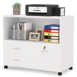 tribesigns 3 drawer file cabinet with lock, mobile lateral filing cabinet with rolling wheels, large printer stand with open storage shelves for home office (white)