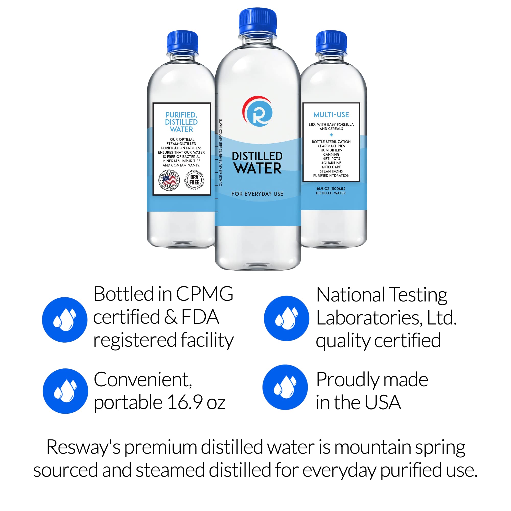 Resway Distilled Water 16.9 fl.oz. | General Multi-Use | Purified Distilled Water for Drinking, Baby Formula, Nutrition Powder, Aquarium Care | Everyday Use | 12 Pack