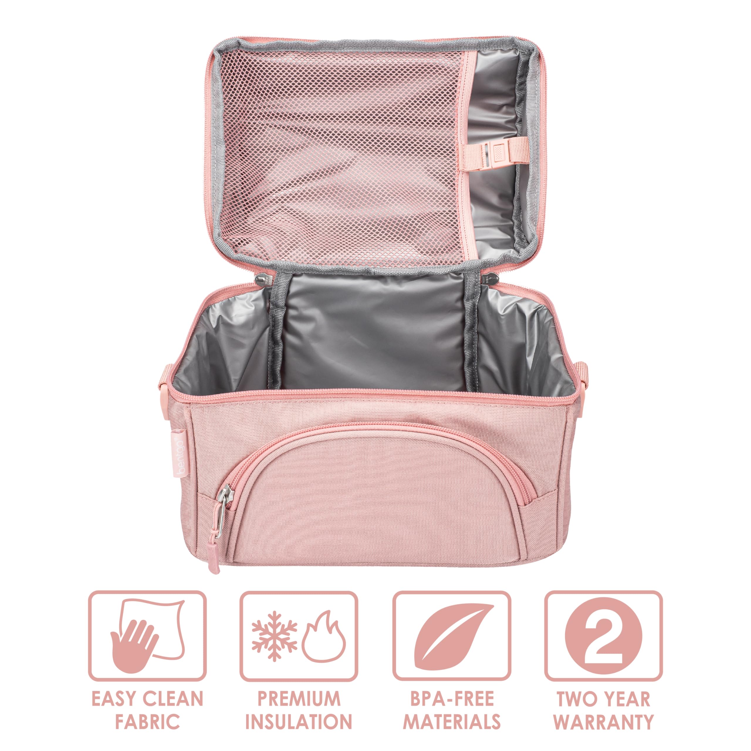 Bentgo® Deluxe Lunch Bag - Durable and Insulated Lunch Tote with Zippered Outer Pocket, Internal Mesh Pocket, Padded & Adjustable Straps, & 2-Way Zippers - Fits Most Lunch Boxes (Blush)