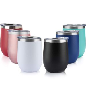 tdyddyu 6pack 12 oz stainless steel wine tumbler with lid,wine glass tumbler double wall vacuum insulated travel tumbler cup for coffee, wine, cocktails, ice cream… (combination color 6pack)