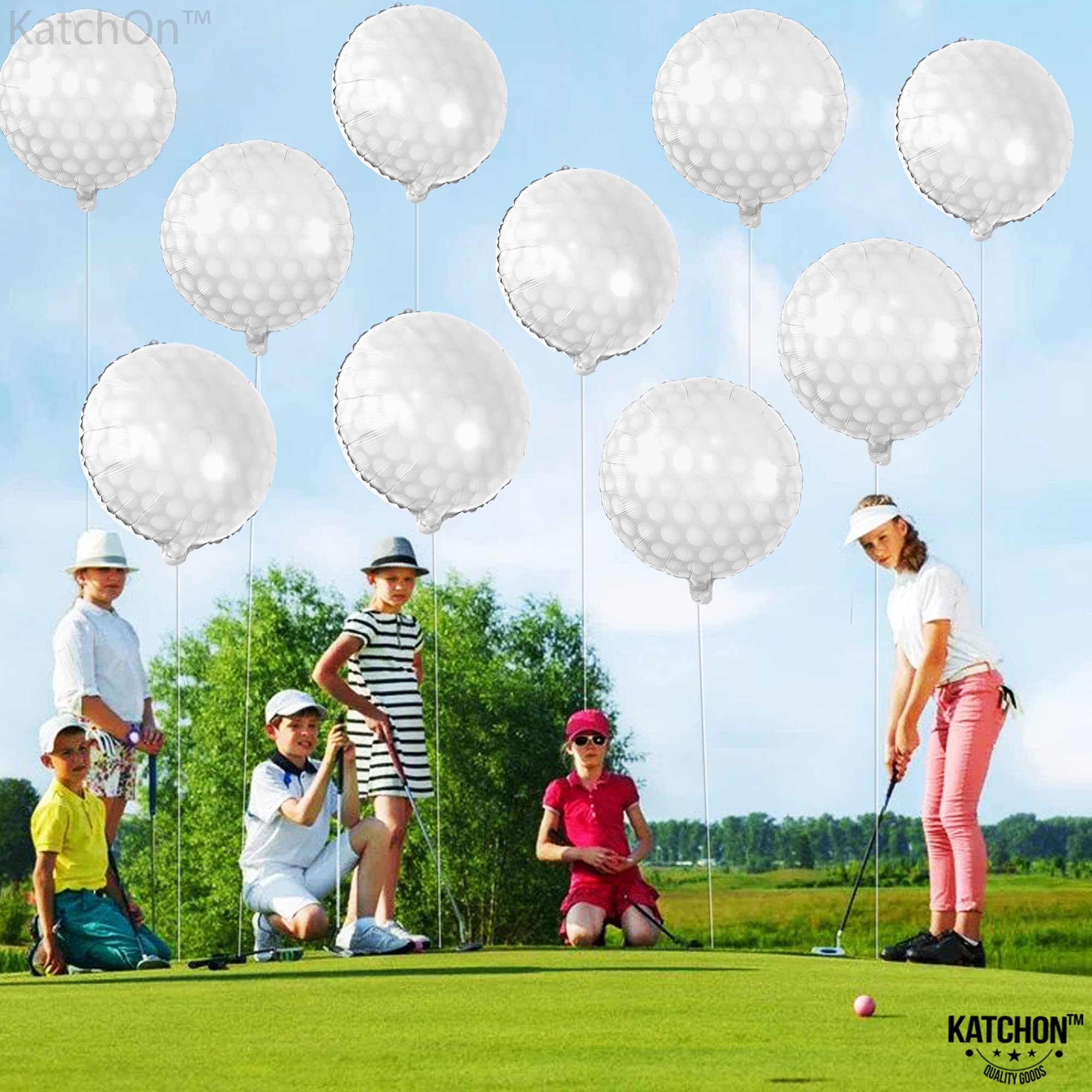 KatchOn, 10 Pcs Golf Balloons for Birthday Party - 18 Inch | Foil Golf Ball Balloons for Golf Party Decorations, Hole In One Birthday Decorations | Golf Party Supplies, Golf Birthday Party Decorations